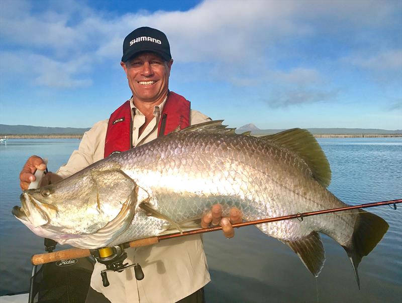 One of my favourite fish to catch - a big Barramundi. I am actually standing up in a kayak in this shot - photo © Andrew Ettingshausen