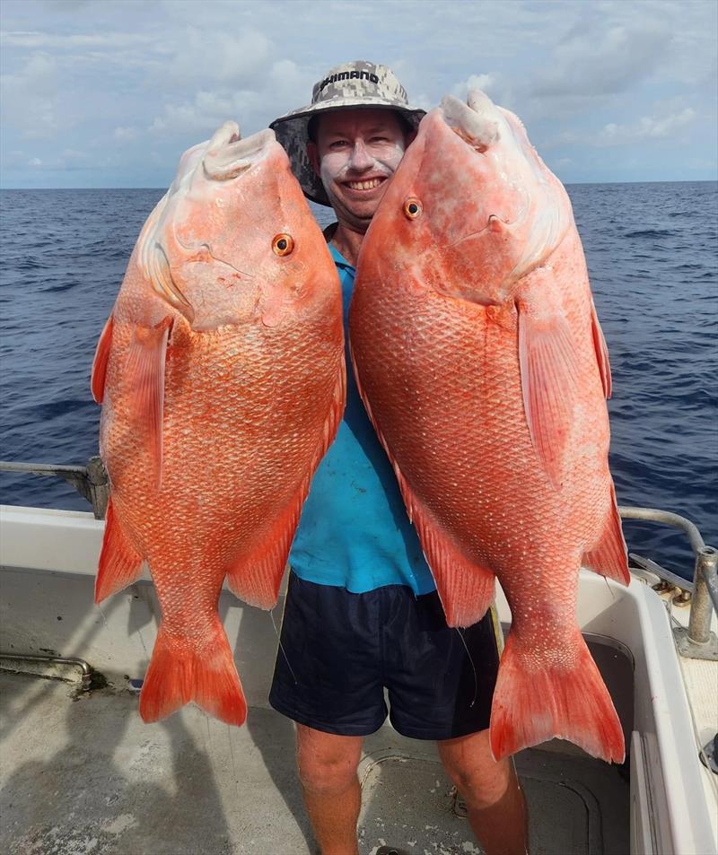 The Platinum Prince from Commercial Chaos with a brace of thumping big red emperor caught out wide photo copyright Fisho's Tackle World Hervey Bay taken at  and featuring the Fishing boat class