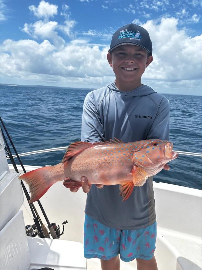 Cooper kicked off his coral trout catching career with a fine 60cm model caught jigging a softie. Awesome fish mate. Well done photo copyright Fisho's Tackle World Hervey Bay taken at  and featuring the Fishing boat class