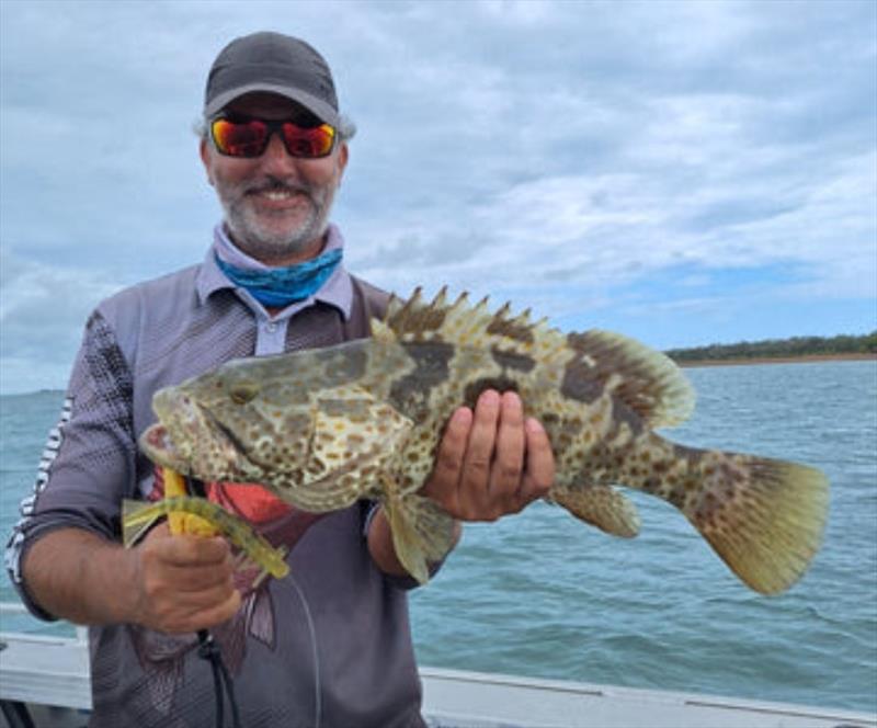 Estuary cod are big fans of shrimp imitation softies. Here is Tony with a fine example photo copyright Fisho's Tackle World taken at  and featuring the Fishing boat class