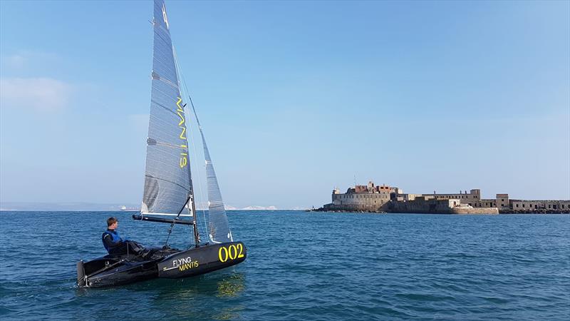 Flying Mantis - in Spain - the single handed trimaran that can be sailed in displacement or foiling mode photo copyright Flying Mantis taken at Hayling Island Sailing Club and featuring the Flying Ant class