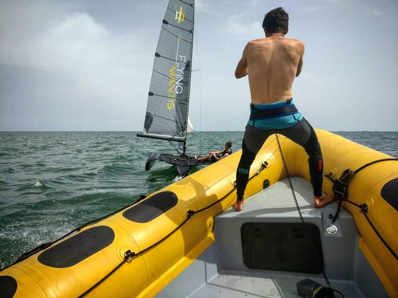 Flying Mantis - Ollie Hartas shooting the single handed foiling trimaran photo copyright Flying Mantis taken at Hayling Island Sailing Club and featuring the Flying Ant class