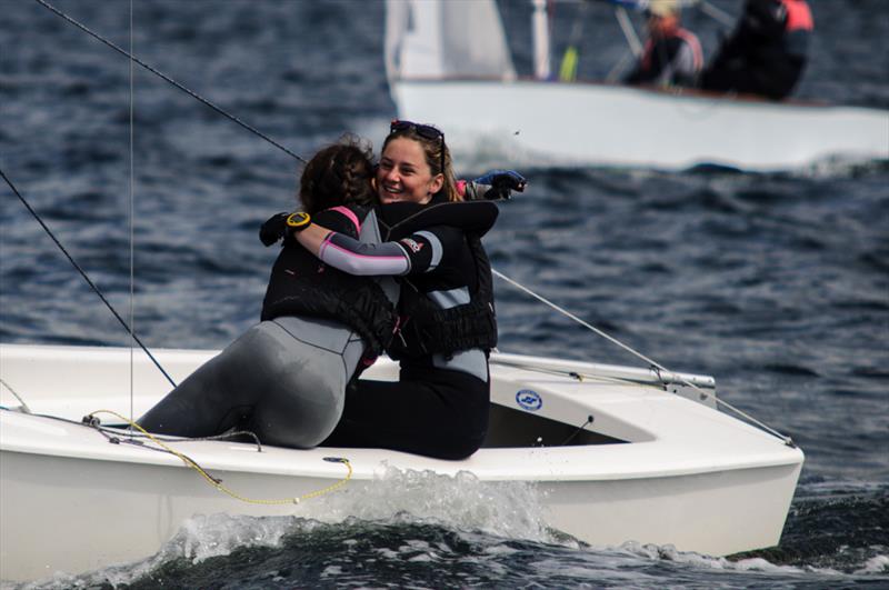 Megan Hicklin & Hayley Ramadhar celebrating after their cracking top ten result in race 4 of the GP14 nationals at Largs - photo © Richard Craig / www.SailPics.co.uk