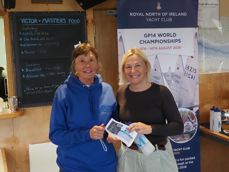 GP14 Masters Championship at Welsh Harp Prizegiving: Sharon Freeland with WHSC Commodore Liz Guest photo copyright Luke Howard, WHSC taken at Welsh Harp Sailing Club and featuring the GP14 class