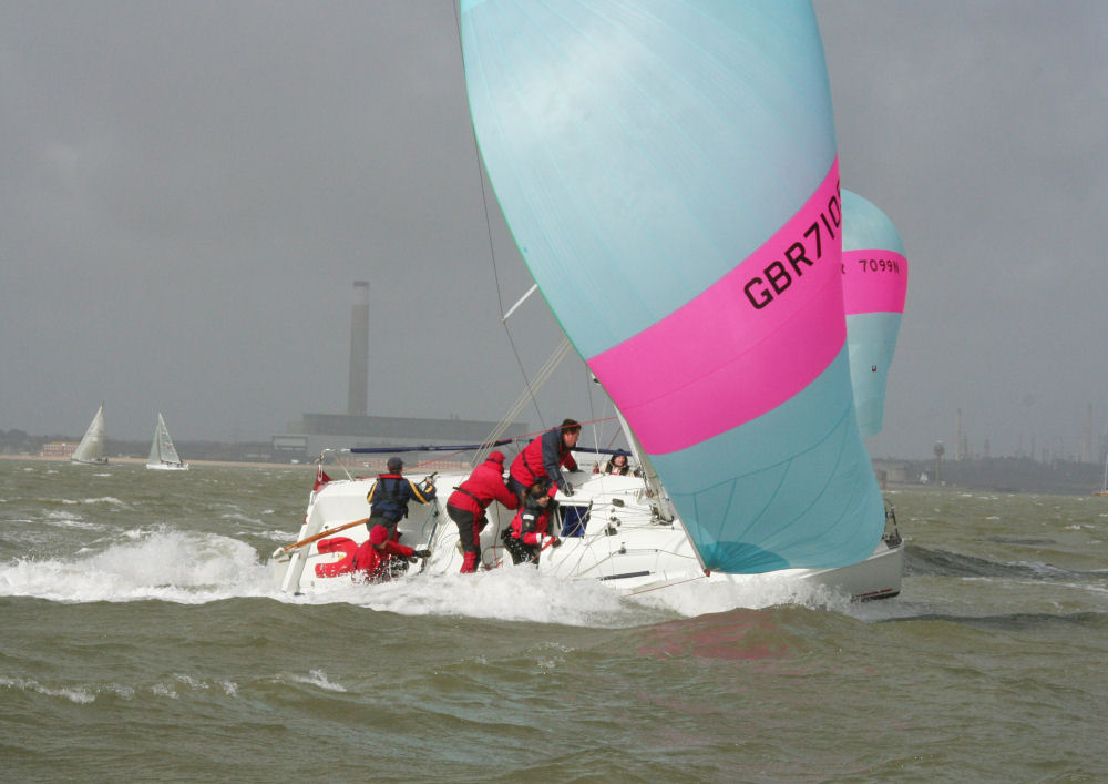 Mark Gillett's 707 Pocket Battleship broaches violently on week 4 of the Raymarine Warsash Spring Series photo copyright Eddie Mays taken at Warsash Sailing Club and featuring the  class