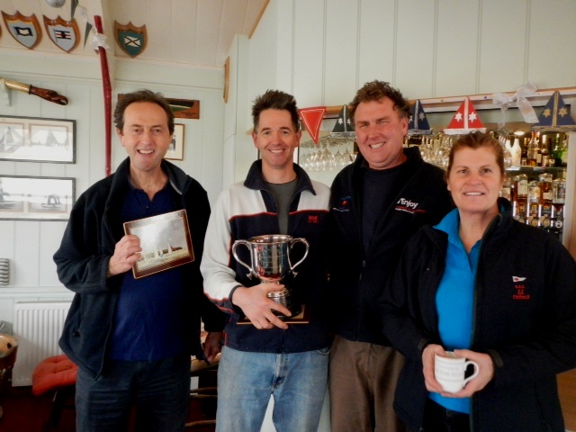 Illusion Interclub Team Racing Championship winners 20121217_152855_Interclub Tropy winners (l to r) Colin Simonds, Rudy Jurg, runner up Mark & Jo Downer photo copyright Rudy Jurg taken at Bembridge Sailing Club and featuring the Illusion class