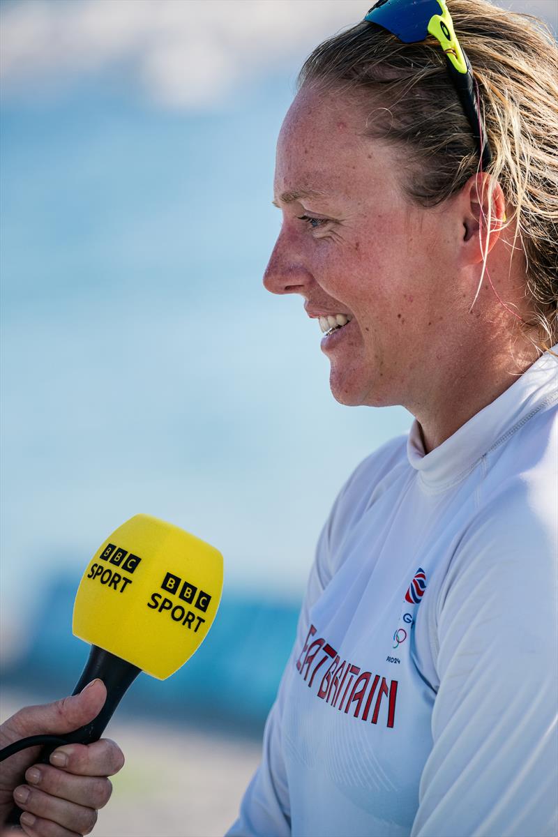 Emma Wilson (GBR) being interviewed by the BBC in Marseille during the Paris2024 Olympic Regatta on August 1, 2024 photo copyright World Sailing / Jean-Louis Carli taken at  and featuring the iQFoil class