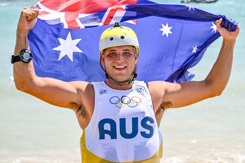 Silver for Grae Morris (AUS) in the Men's Windsurfing on August 3 in Marseille at the Paris 2024 Olympic Regatta photo copyright World Sailing / Jean-Louis Carli taken at  and featuring the iQFoil class