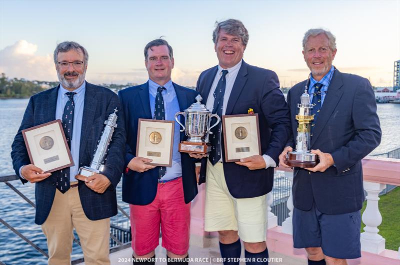 Skippers and navigators of Carina and Summer Storm with the Gibbs Hill and St. David's Lighthouse Tropies - 2024 Newport Bermuda Race photo copyright Steve Cloutier taken at Royal Bermuda Yacht Club and featuring the IRC class