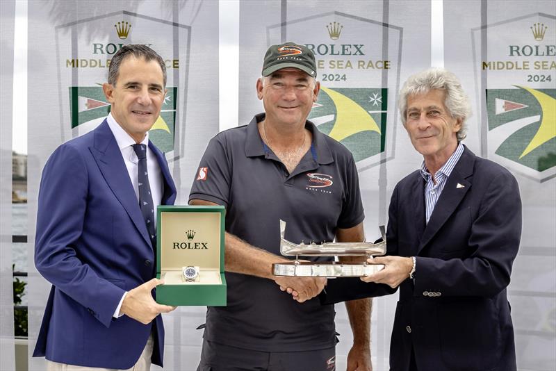 45th Rolex Middle Sea Race: Malcolm R. Lowell of Edwards, Lowell with the Rolex Middle Sea Race monohull line honours winner, David Witt of Scallywag 100, and David Cremona, Commodore of the Royal Malta Yacht Club - photo © Rolex / Kurt Arrigo