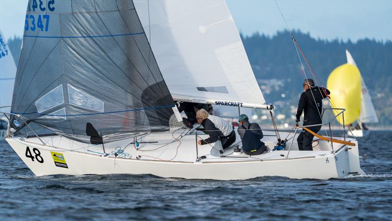 Mike Goldfarb and his War Canoe team from CYC Seattle challenging for 3rd place after day 3 - J/24 World Championship in Seattle photo copyright Dennis Pearce taken at Corinthian Yacht Club of Seattle and featuring the J/24 class