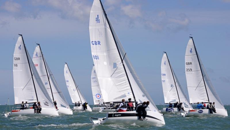 The J70 fleet at Aberdeen Asset Management Cowes Week photo copyright Rick Tomlinson / www.rick-tomlinson.com taken at Cowes Combined Clubs and featuring the J70 class