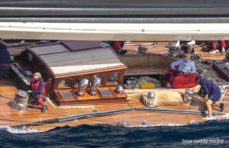 A quiet spot in amongst the action on Velsheda photo copyright Bow Caddy Media taken at Yacht Club Costa Smeralda and featuring the J Class class