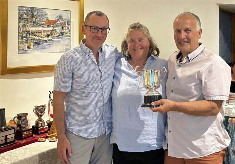 Kestrel Nationals 2024 at Royal Tay - UK 2024 Championship crew Richard Harper (l) and helm Malcolm Worsley (r) with retiring class chair Liz Le Mare - photo © Bremner