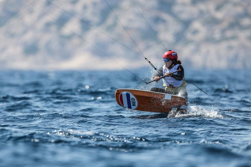 The Netherlands' Annelous Lammerts during Women's Kite Semi-Final B Race 1 at the Paris 2024 Olympics - photo © World Sailing / Sander van der Borch