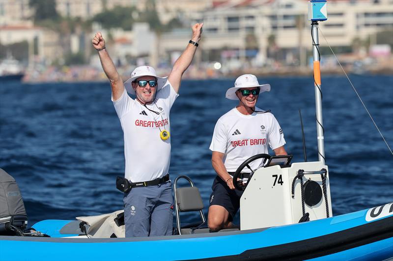 Ellie Aldridge (GBR) coach/support team -  Women's Kite gold at the Paris 2024 Olympics - photo © World Sailing / Sander van der Borch