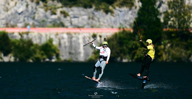 Valentin Bontus having a good laugh with top girl Jessie Kampman - 2024 KiteFoil World Series Austria day 3 - photo © IKA Media / Robert Hajduk