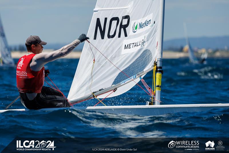 Norwegian Hermann Tomasgaard sits in third overall after Day 4 of the 2024 ILCA 7 Men World Championship photo copyright Jack Fletcher / Down Under Sail taken at Adelaide Sailing Club and featuring the ILCA 7 class