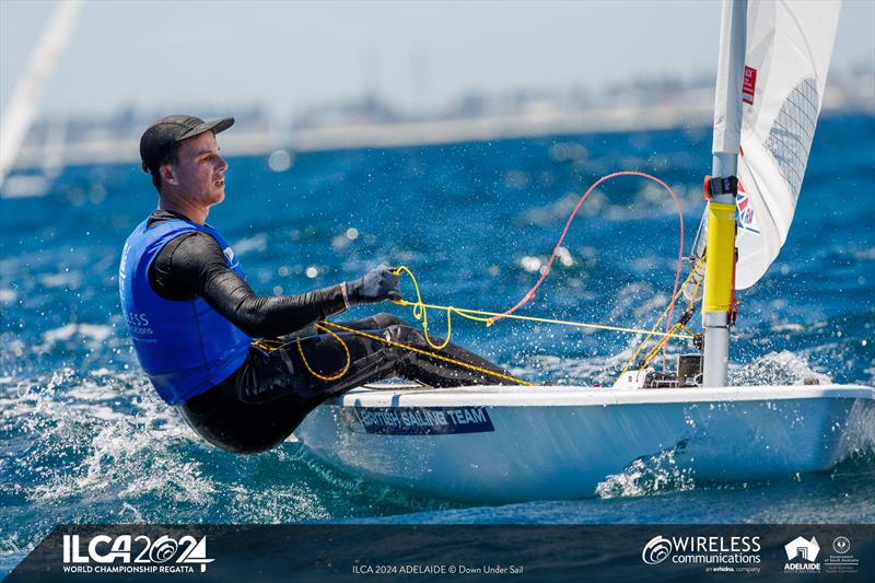 Great Britain's Micky Beckett is one point off the lead heading into the final two days of the 2024 ILCA 7 Men World Championship photo copyright Jack Fletcher / Down Under Sail taken at Adelaide Sailing Club and featuring the ILCA 7 class