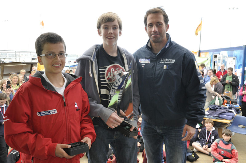 U13 Gold Fleet trophy at the IAPS National Sailing Regatta (l to r) James Scott & Felix Cleverdon (University College School) with Ben Ainslie presenting the trophy to them photo copyright Jane Tearle taken at Weymouth & Portland Sailing Academy and featuring the Laser Pico class