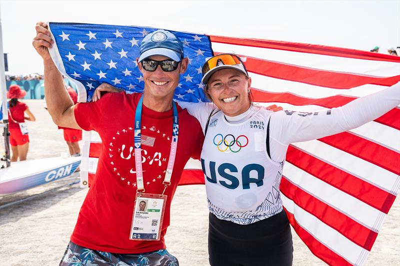 Erika Reineke (Ft. Lauderdale, FL), right, and her coach Erik Bowers celebrate after returning to shore following the Women's Dinghy medal race - photo © Lexi Pline  / US Sailing Team