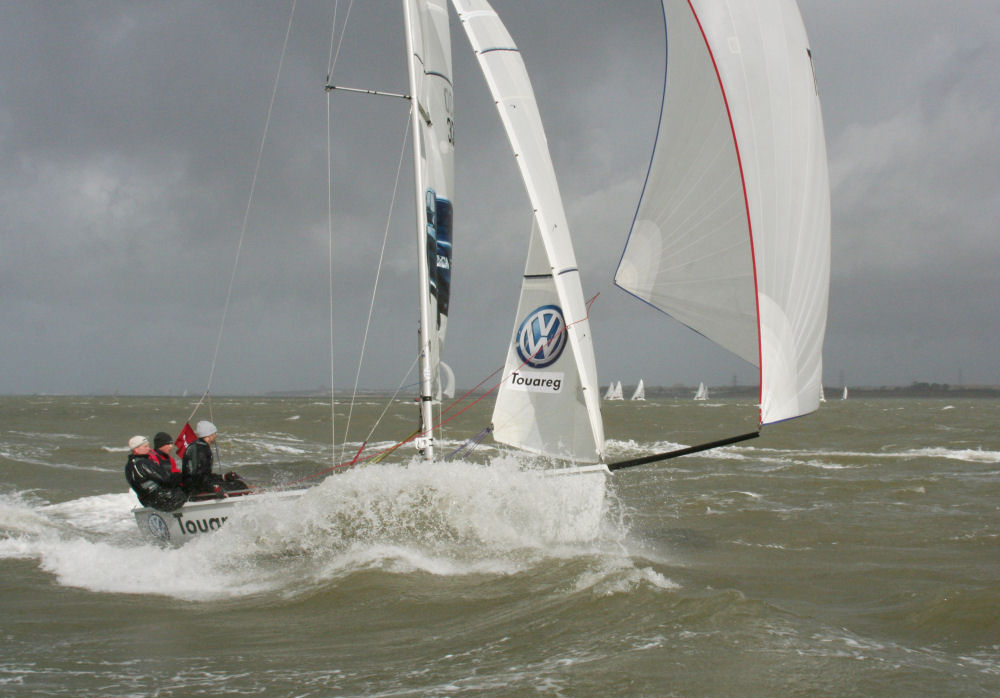 Jerry Hill's Laser SB3 3 Sad Old Blokes at speed off the Meon shore on week 4 of the Raymarine Warsash Spring Series photo copyright Eddie Mays taken at Warsash Sailing Club and featuring the SB20 class