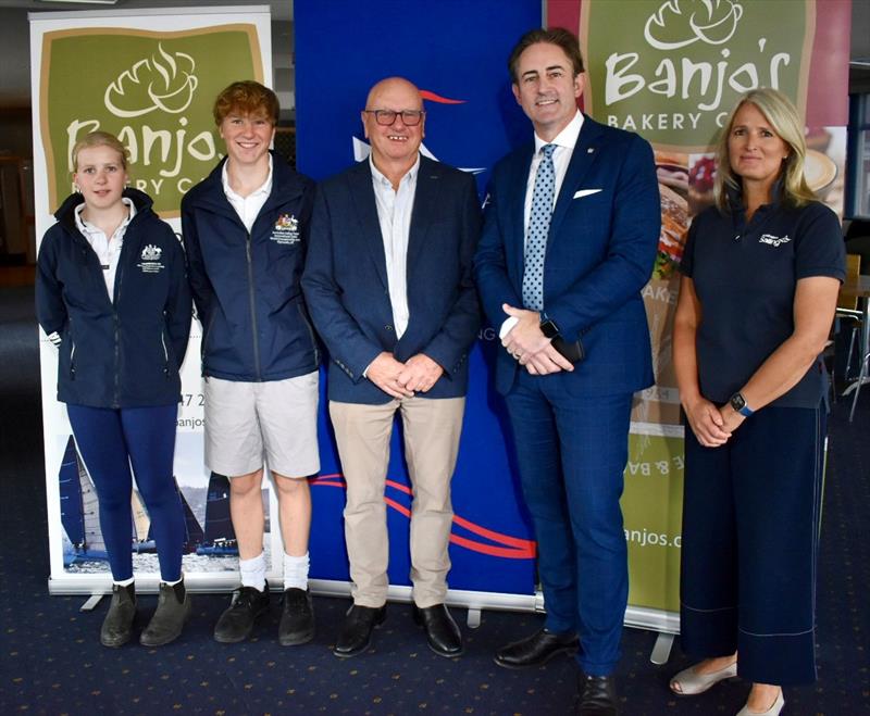 (L to R) Olive and Sam Hooper, Commodore Hughie Lewis, Mayor Brendan Blomeley and Felicity Allison at the launch of the Crown Series - photo © Jane Austin