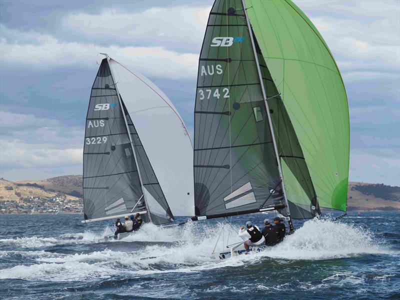 Big Ted (Emma Maertens) and Silver Gull (Scott Glanville) fight it out downwind during the SB20 Australian Championship at Bellerive - photo © Jane Austin