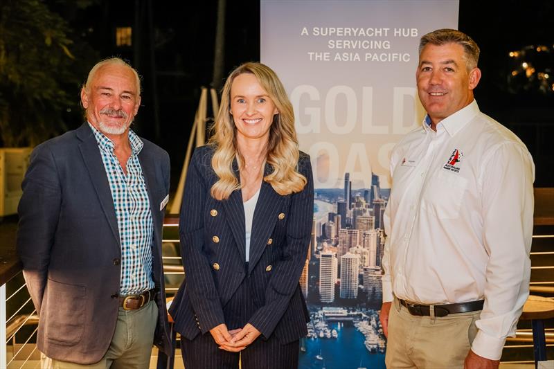 ASMEX 2024 Conference Welcome Drinks with CR Naomi Fowler, City of Gold Coast; Jeremy Spear, Chairman of AIMEX and Director, Spear Green Design and David Good, CEO, AIMEX, Superyacht Australia and ACMG photo copyright Salty Dingo taken at  and featuring the Marine Industry class