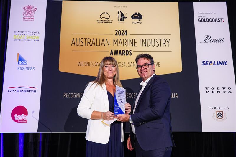 Gavin Rooney, Volva Penta presents the 2024 Australian Superyacht Service Provider of the Year Award to Jocelyn O'Keefe from Coral Sea Marina Resort photo copyright Salty Dingo taken at  and featuring the Marine Industry class