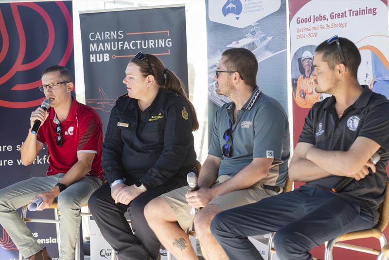 Pathways to a maritime career panel (L to R) TAFE Queensland | Richard Galeano, Australian Border Force | Sally McAuliffe (Commander, Marine Deployments & Support), GBRMP | Callum Teale-Browne (Senior Ranger), TCS Shipwrights | Levi Colefax-Simmons photo copyright AIMEX taken at  and featuring the Marine Industry class