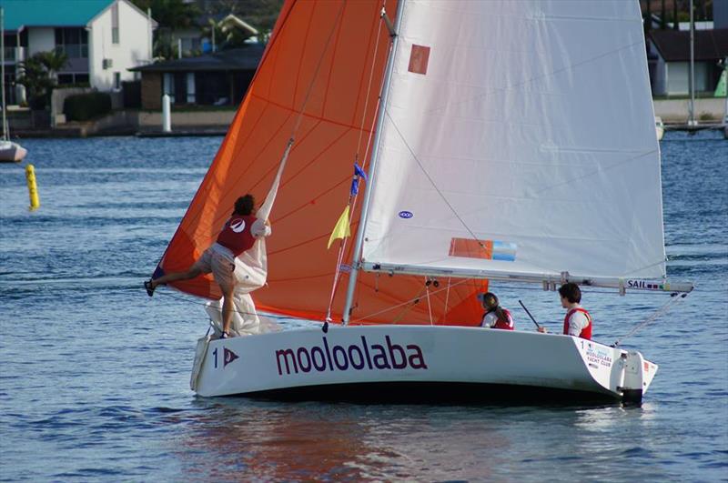 Foredeck tap dancing on day 1 of the Queensland Match Racing Championship photo copyright Darren Spence taken at Mooloolaba Yacht Club and featuring the Match Racing class