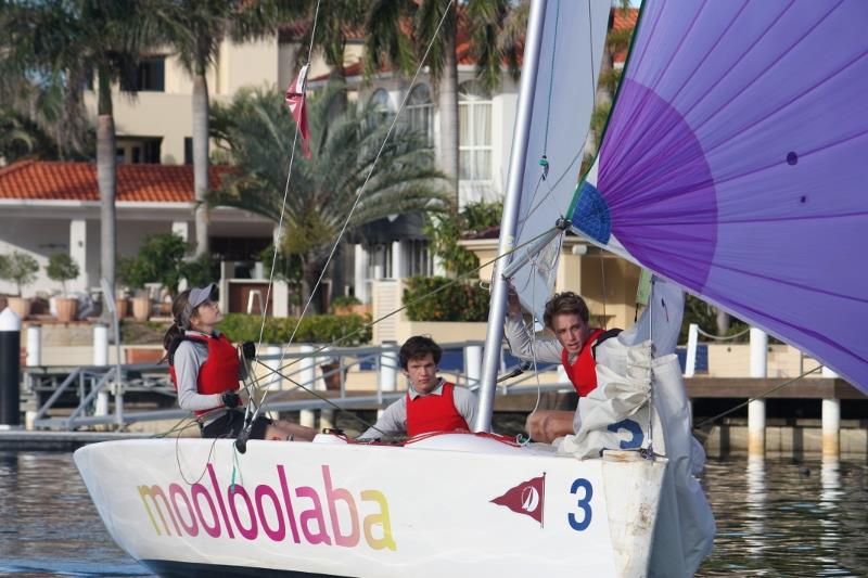 RPAYC team approaching the finish line in Race 3 of the Petite Final at the Queensland Match Racing Championship photo copyright Tracey Johnstone taken at Mooloolaba Yacht Club and featuring the Match Racing class