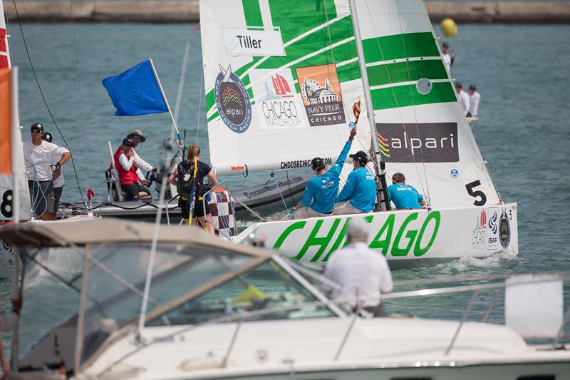 Will Tiller calls for a protest  on day 3 of the Chicago Match Cup 2013 photo copyright Brian Carlin / AWMRT taken at Chicago Match Race Center and featuring the Match Racing class