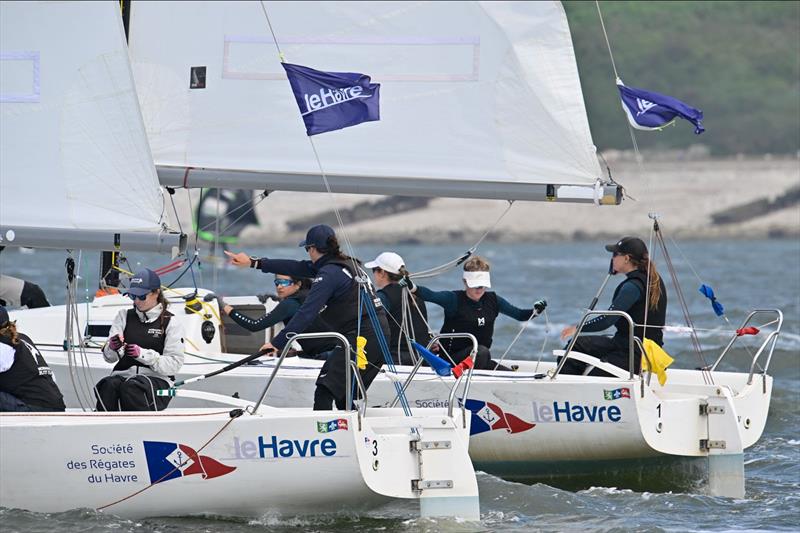 Tense pre-start action in the deciding match between skippers Pauline Courtois/ Match in Pink (left) and Megan Thomson/ 2.0 Racing at the 2024 Normandy Match Cup - photo © Patrick Deroualle