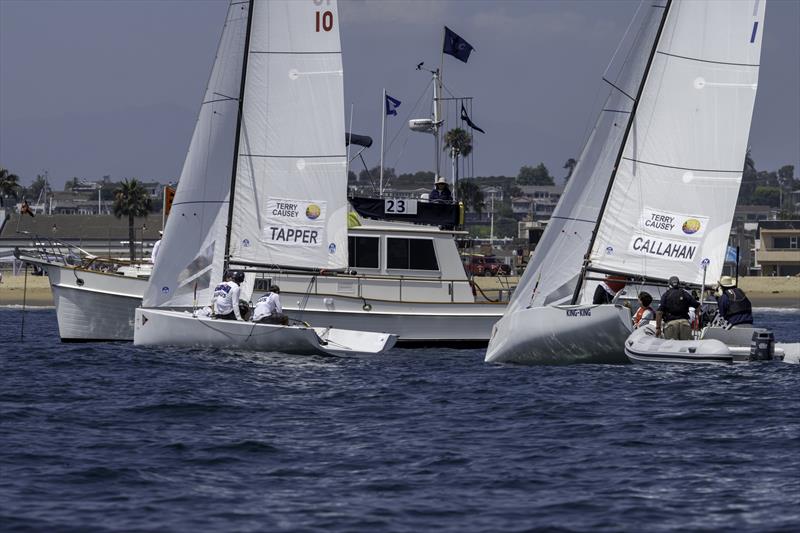 Cole Tapper (AUS) with crew Jack Frewin and Hamish Vass vs. Justin Callahan (USA) and crew Trevor Davis, Micheala O'Brien, and Spencer Kreigstein - 57th Governor's Cup photo copyright Tom Walker taken at Balboa Yacht Club and featuring the Match Racing class