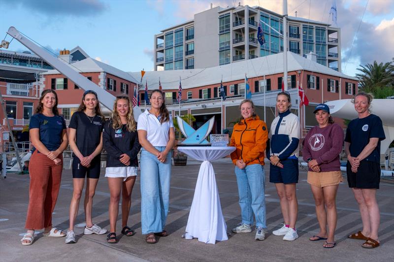 The skippers line-up for the Aspen Bermuda Women's Match Race Regatta. (L to R) Juliet Costanzo (AUS), Kristine Mauritzen (DEN), Sophie Otter (GBR), Megan Thomson (NZL), Julia Aartsen (NED), Anna Östling (SWE), Pauline Courtois (FRA), Lea Vogelius (DEN) - photo © Ian Roman / WMRT