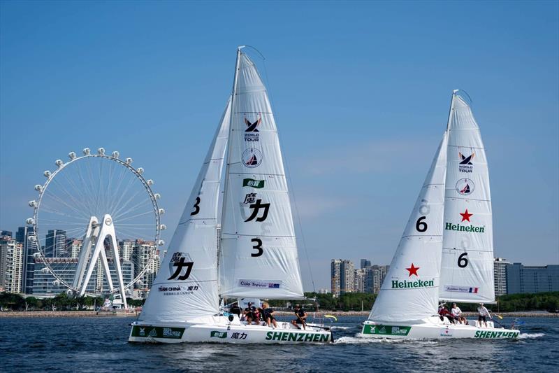 Left - Tapper (AUS) with crew Jordan Reece, Max Brennan, andHamish Vassand. Right - Pierroz (FRA) with crew Clément Michel, Sébastien Riot, Aurélien Barthelémy, and Lola Billn photo copyright Ian Roman / WMRT taken at  and featuring the Match Racing class