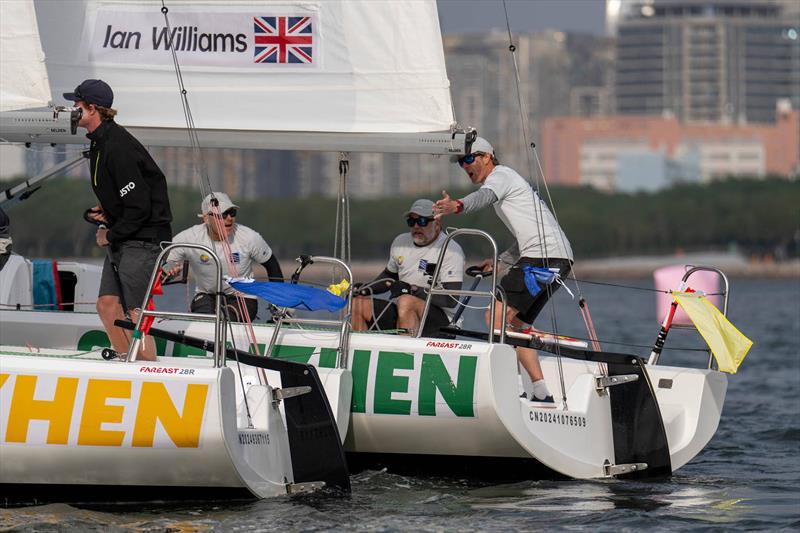 Left - Egnot-Johnson (NZL) KNOTS Racing with crew Jack Frewin, Zak Merton, and Chris Main. Right - Williams (GBR) Pindar by Manuport Logistics with crew Jon Gundersen, Richard Sydenham, and Gerry Mitchell World Match Racing Tour Shenzhen Bao'an Final 2024 photo copyright Ian Roman / WMRT taken at  and featuring the Match Racing class