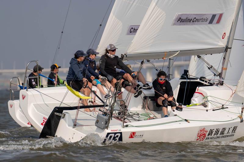 Pauline Courtois (FRA), Match in Pink Normandy Elite Team against Chris Poole (USA), Riptide Racing - 2025 Macao Match Cup day 2 - photo © Ian Roman / WMRT