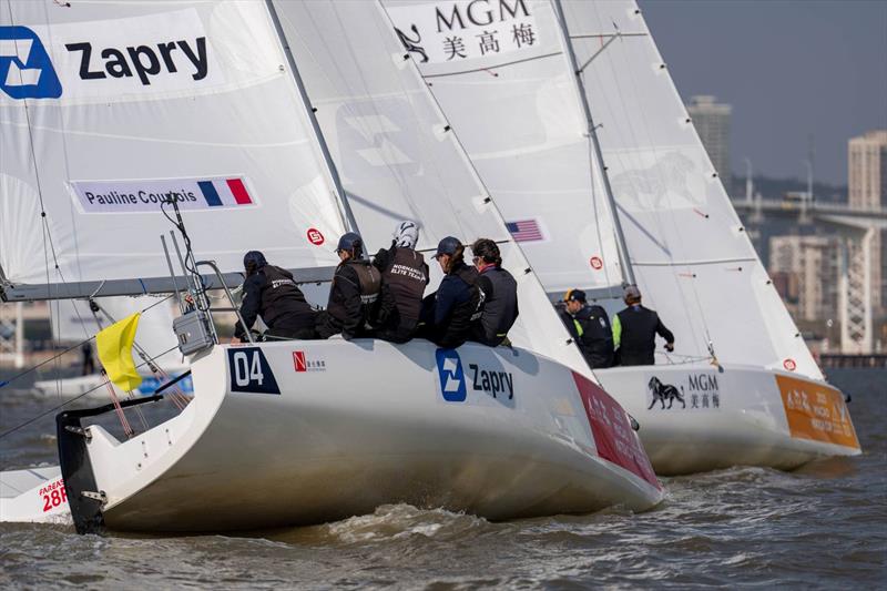 Pauline Courtois (FRA) Match in Pink against USA's Chris Poole in the Quarter-finals - Macao Match Cup day 4 photo copyright Ian Roman / WMRT taken at  and featuring the Match Racing class