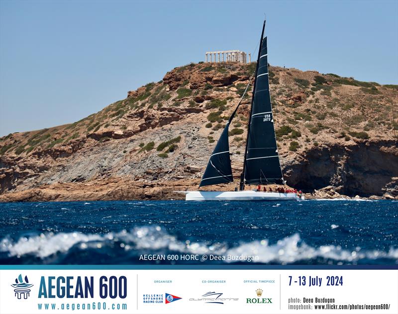 Bryon Ehrhart's 88ft Lucky at the Aegean 600's picturesque finish line off Cape Sounion and beneath the ancient Temple of Poseidon - photo © Deea Buzdugan