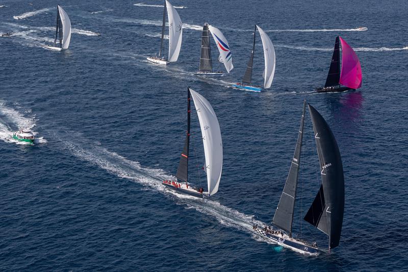 The 100ft Black Jack leads the Maxi A fleet down the run on Les Voiles de Saint-Tropez Race Day 2 - photo © Gilles Martin-Raget / www.martin-raget.com