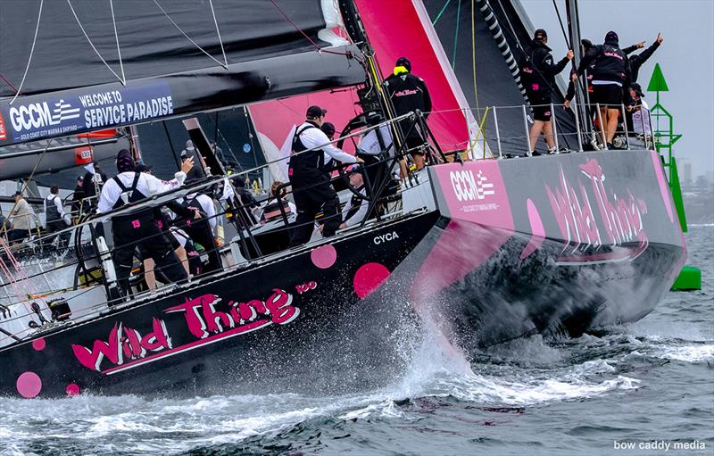 Wild Thing 100 nears South Head photo copyright Bow Caddy Media taken at Cruising Yacht Club of Australia and featuring the Maxi class