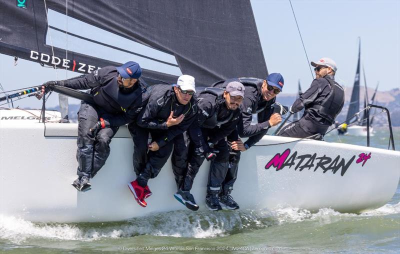 The most traditional image of Melges 24 racing upwind: four crew members hiking out, while the helmsman, alone in the cockpit, steers with the rudder in one hand and the mainsheet in the other photo copyright IM24CA / Zerogradinord taken at  and featuring the Melges 24 class