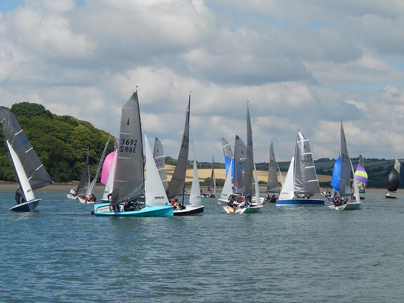 Action at mark number 5, Saltston on day 6 of Merlin Rocket week at Salcombe photo copyright Malcolm Mackley taken at Salcombe Yacht Club and featuring the Merlin Rocket class