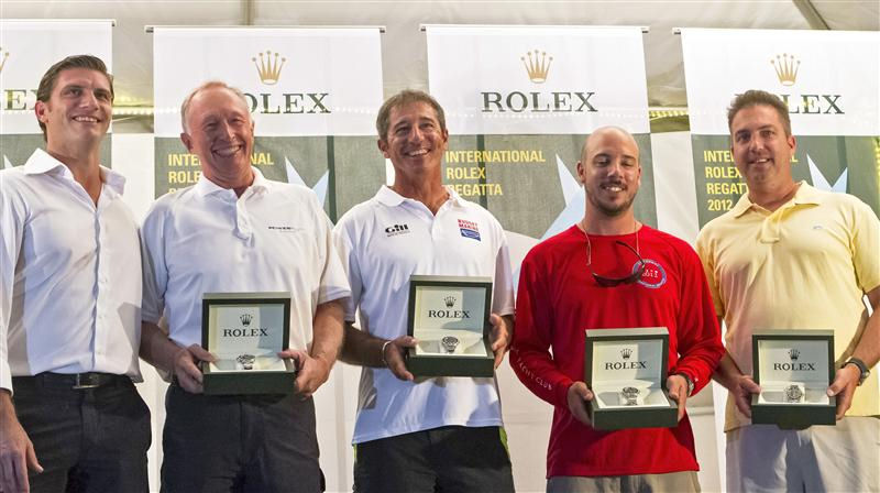 (l to r) Alexandre Tabary-Devisme, Director, Rolex Caribbean – Central America, Peter Cunningham (Powerplay), Andrea Scarabelli (Budjet Marine/Gill), Pablo Mendez (Orion) and Jonathan Lipuscek (Dark Star) photo copyright Ingrid Abery / Rolex taken at St. Thomas Yacht Club