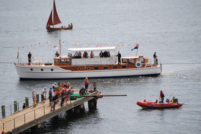 Tasmania's Governor Peter Underwood AC got a close-up of the 'greasy pole' contest when he arrived on the motor yacht Egeria for the 175th Royal Hobart Regatta photo copyright Peter Campbell taken at Royal Yacht Club of Tasmania