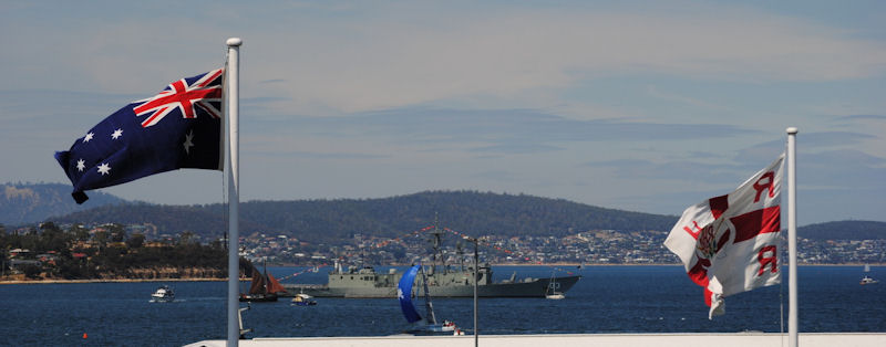 Regatta Flagship HMAS Sydney on station on the River Derwent photo copyright Peter Campbell taken at Royal Yacht Club of Tasmania