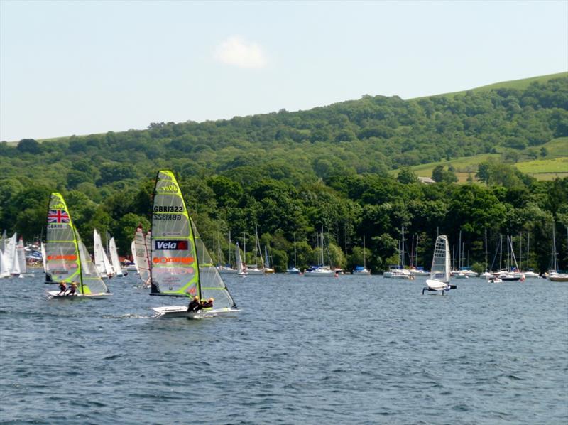 Paul Brotherton in his foiling Moth takes the lead just after the start followed by Matty and James Lyons (1322) and Lester Noble and John McAfee (1111) in the Lord Birkett Memorial Trophy photo copyright Sue Giles taken at Ullswater Yacht Club